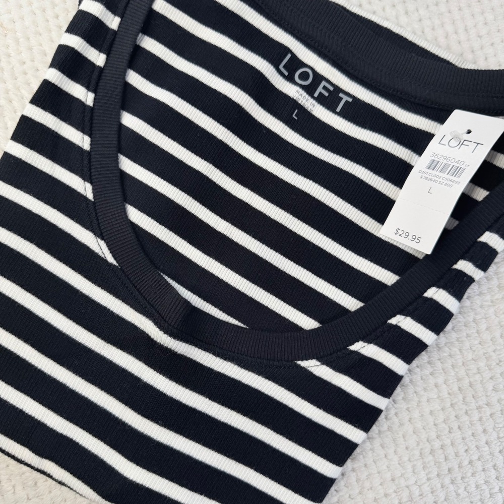LOFT Womens Black White Striped Ribbed Tank Top Scoop Neck Size L NEW